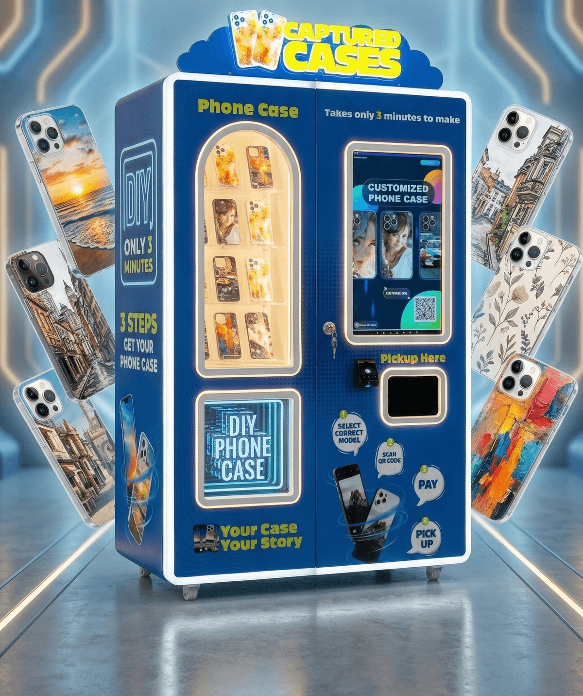 Captured Cases phone case kiosk surrounded by personalised phone cases